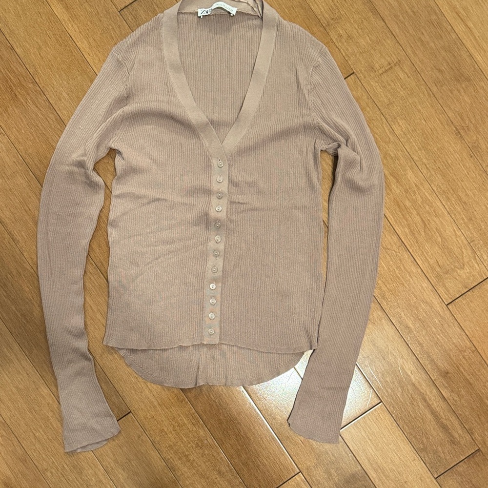 Zara Lightweight Ribbed V-Neck Button Cardigan - Taupe